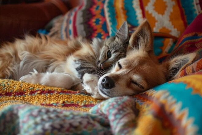 Image d'illustration. Chien et chat enroulés sur canapé coloré