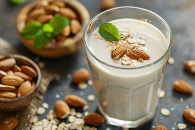 Image d'illustration. Gros plan d'un verre de lait végétal crémeux