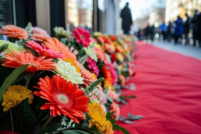 Image d'illustration. Fleurs et tapis rouge, hommage à une figure du cinéma.