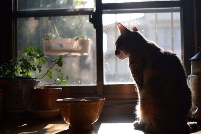 Image d'illustration. Chat et bol de croquettes au soleil