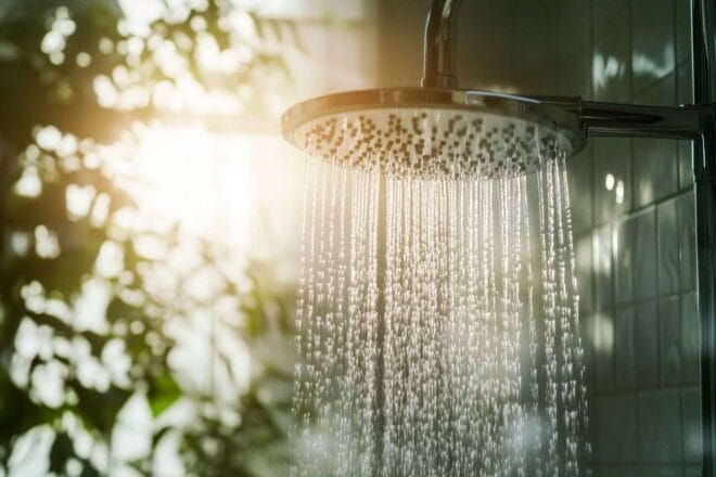 Image d'illustration. Eau en cascade depuis une pomme de douche élégante