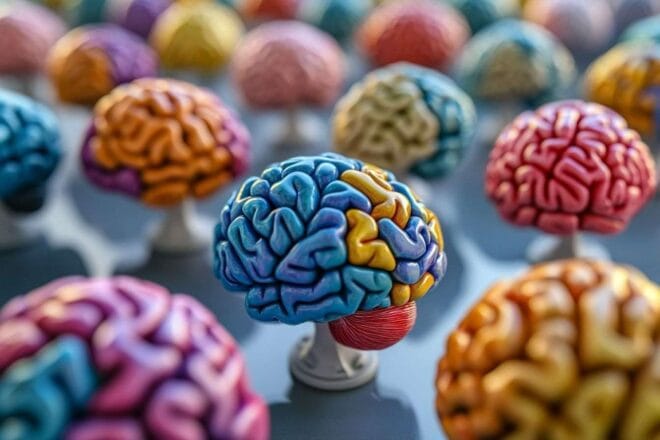 Image d'illustration. Gros plan de modèles de cerveau colorés démontrant la santé cognitive