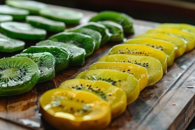Image d'illustration. Gros plan de tranches de kiwi vertes et jaunes vibrantes