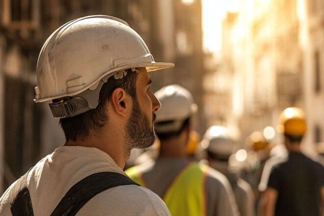 Image d'illustration. Travailleurs en casques de sécurité sous le soleil