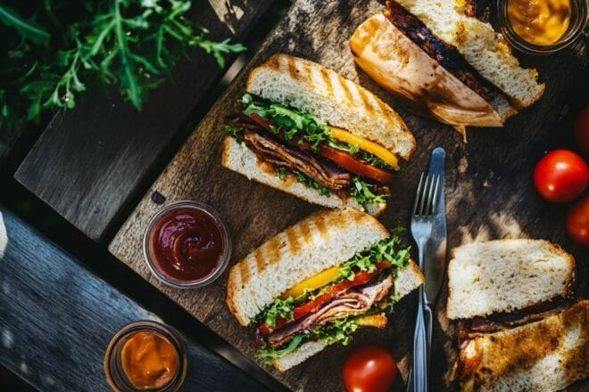 Image d'illustration. Vue de dessus d un sandwich copieux entouré de condiments et d ustensiles sur une table de salle à manger extérieure