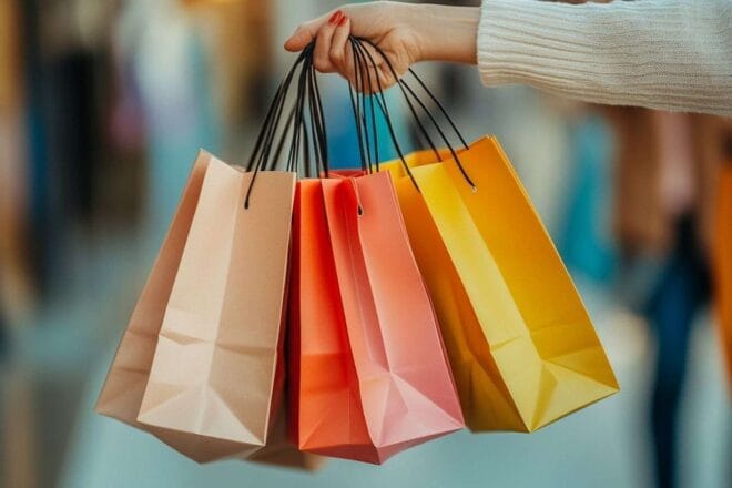 Image d'illustration. Gros plans des mains tenant des sacs de shopping