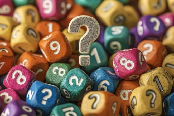 Capture détaillée des numéros de loterie animée par un point d'interrogation en couleurs vibrantes sur un arrière-plan neutre.