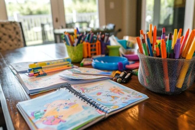 Image d'illustration. Table avec crayons et livre de vacances