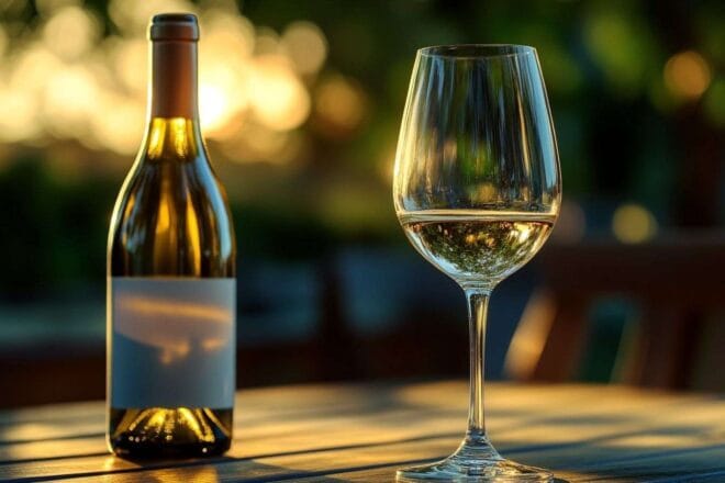 Image d'illustration. Verre à vin vide et bouteille à moitié vide au crépuscule d Été