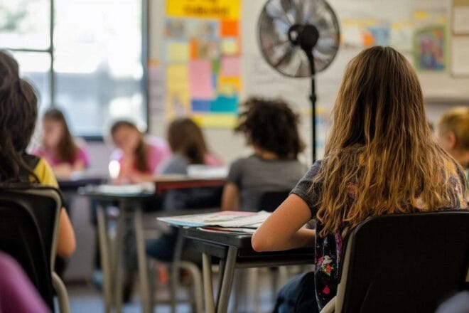 Image d'illustration. Vue large de salle de classe avec étudiants au travail concentré, ventilateur en action douce