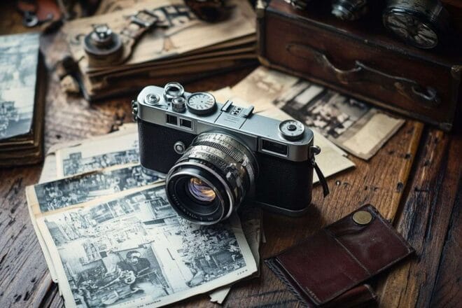 Une caméra ancienne repose sur une table en bois, entourée de rouleaux de film et de livres de photographie.