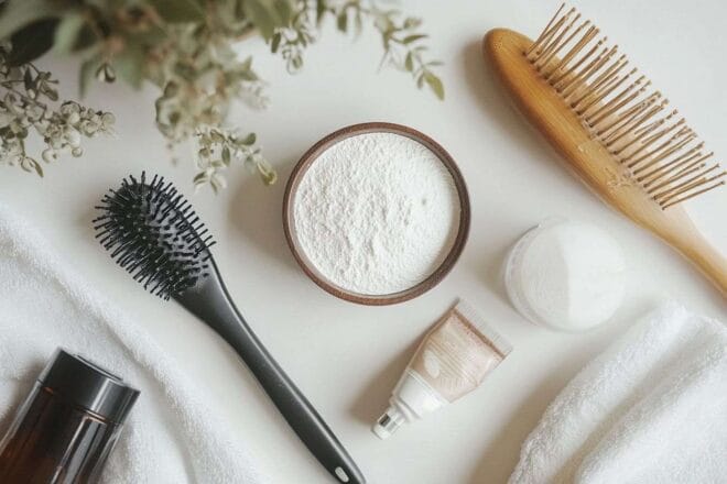 Découverte d'un agencement plat avec shampoing sec, brosse à cheveux et divers accessoires capillaires pour une expérience beauté quotidienne.