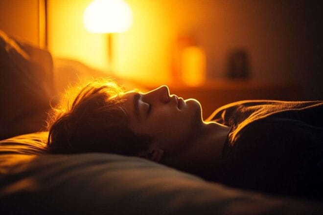 Une silhouette de personne dormant sur le côté, baignée dans une lumière chaude et douce d'une lampe à proximité.