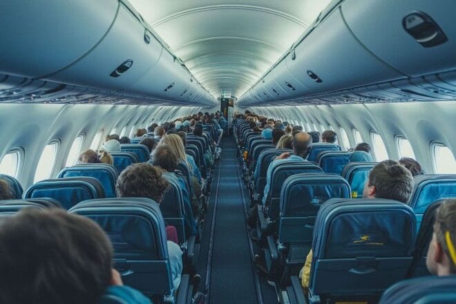 Photo aérienne capturant une cabine d'avion surchargée avec tous les compartiments à bagages remplis et ceintures de sécurité bouclées.