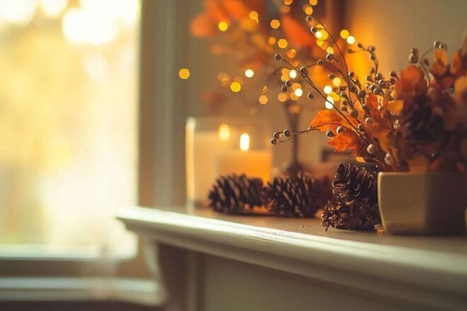 Décorations d automne sur une cheminée