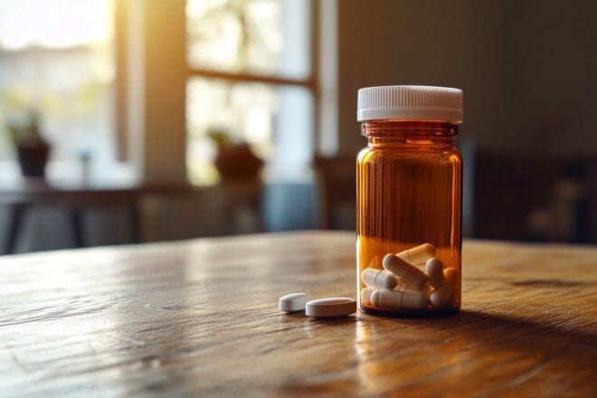 Gros plan d une bouteille de médicament sur une table en bois