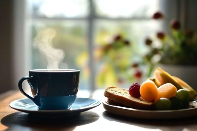 Gros plan d une tasse de café fumante avec des toasts et des fruits