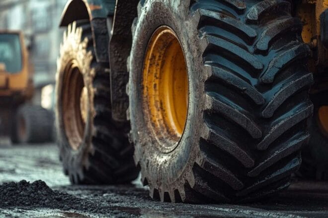 Gros plan sur roues de tracteur sur asphalte