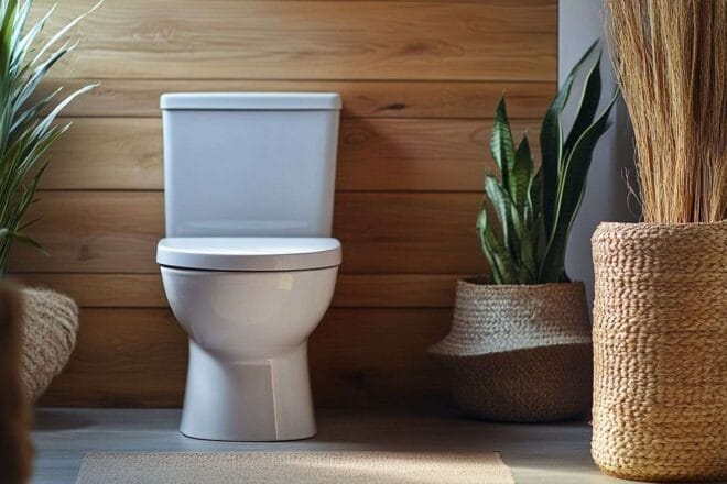 Toilette blanche minimaliste et accents de bois