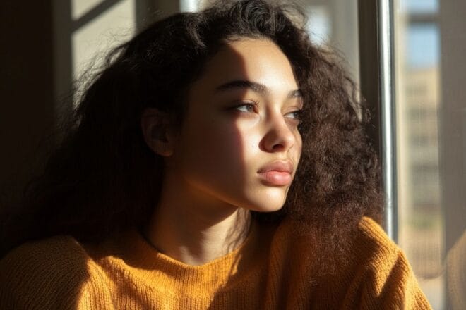 Gros plan d un étudiant regardant pensivement par la fenêtre d une pièce ensoleillée