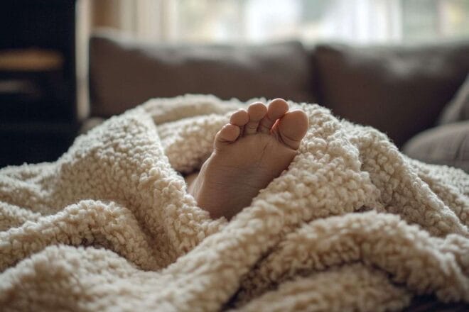 Gros plan d un pied enflé sur une couverture douce