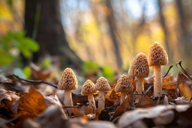 Groupe de morilles sur le sol forestier