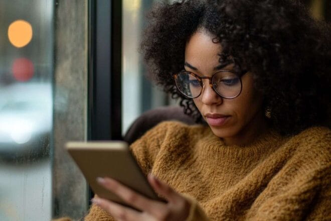 Personne confuse lisant un texte sur les notifications frauduleuses d aide énergétique