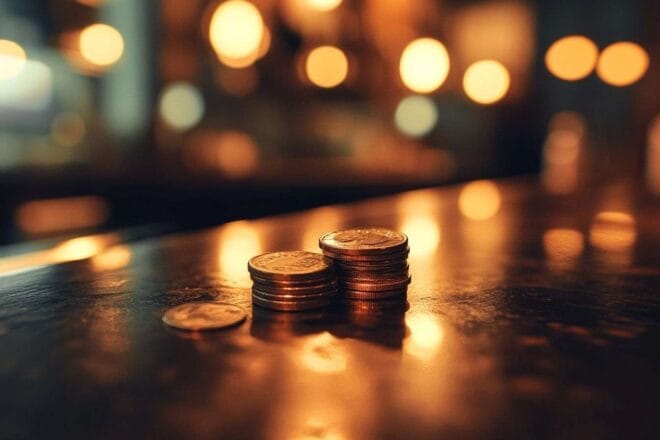 Petite pile de pièces sur un comptoir de bar