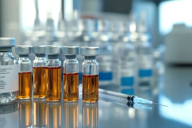 Ensemble de seringues et flacons en milieu clinique