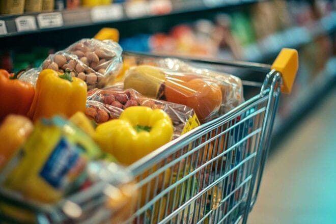 Gros plan d un chariot de supermarché rempli de provisions