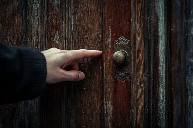 Gros plan d une main frappant doucement sur une porte en bois