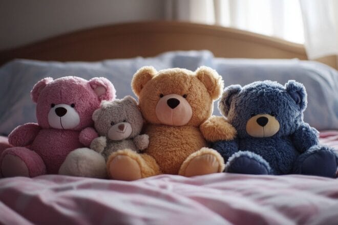 Peluches disposées sur lit pour réconfort nocturne