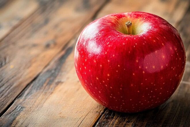 Pomme gala rouge brillant sur table en bois rustique