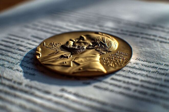 Gros plan d une médaille du prix nobel sur un document officiel