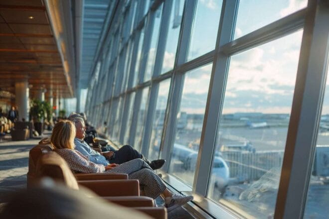 Passagers dans le salon d aéroport avec vue sur la piste
