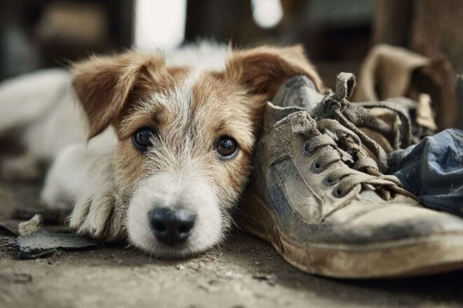 Chien joueur avec chaussure endommagée