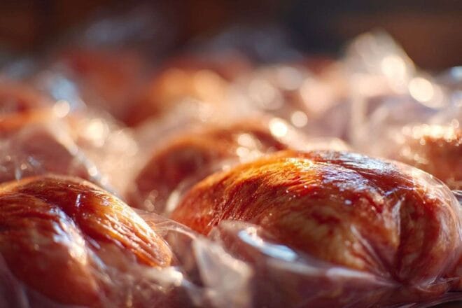 Close up de volaille sous vide frais et de qualité