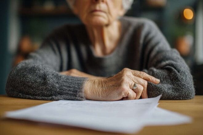 Gros plan d une personne âgée inquiète examinant des documents d épargne retraite