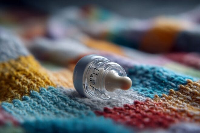 Gros plan tétine biberon sur couverture bébé colorée