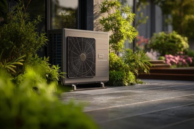 Gros plan sur une pompe à chaleur moderne