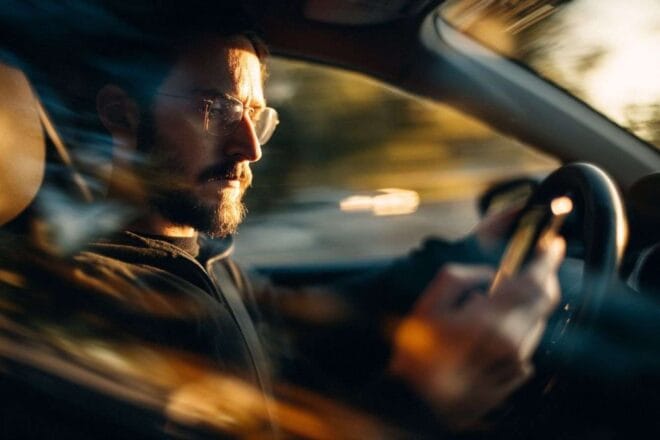 Homme conduisant une voiture tout en tenant un smartphone