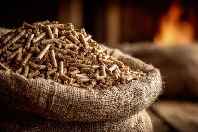 Pellets en bois dans sac de jute