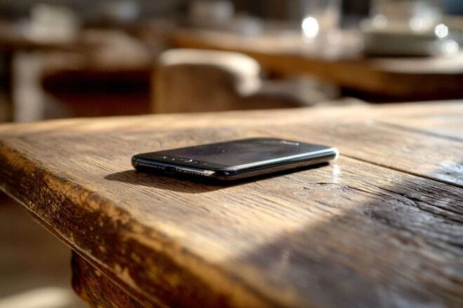 Smartphone sur table en bois
