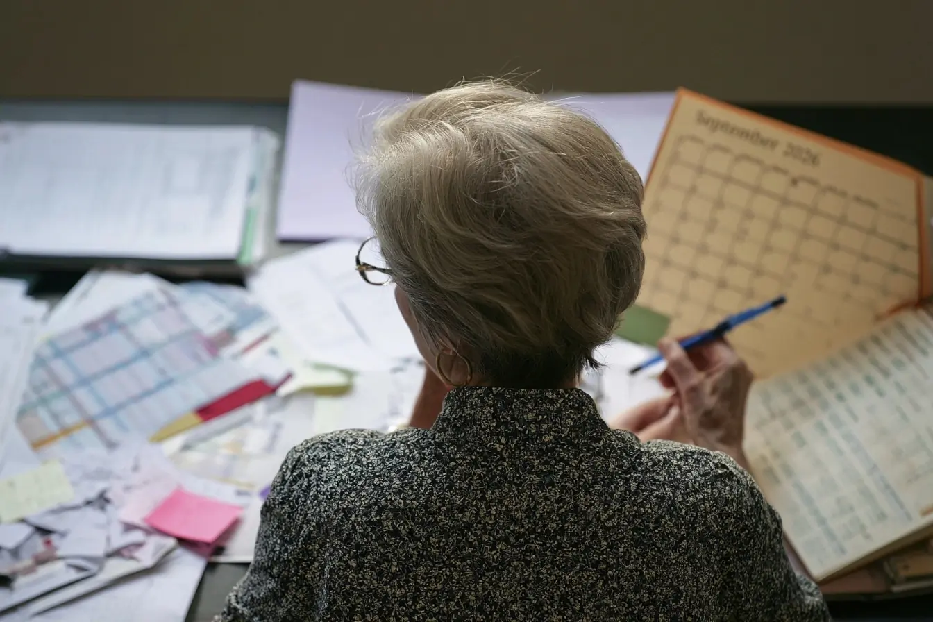 Femme consulte des papiers de retraite