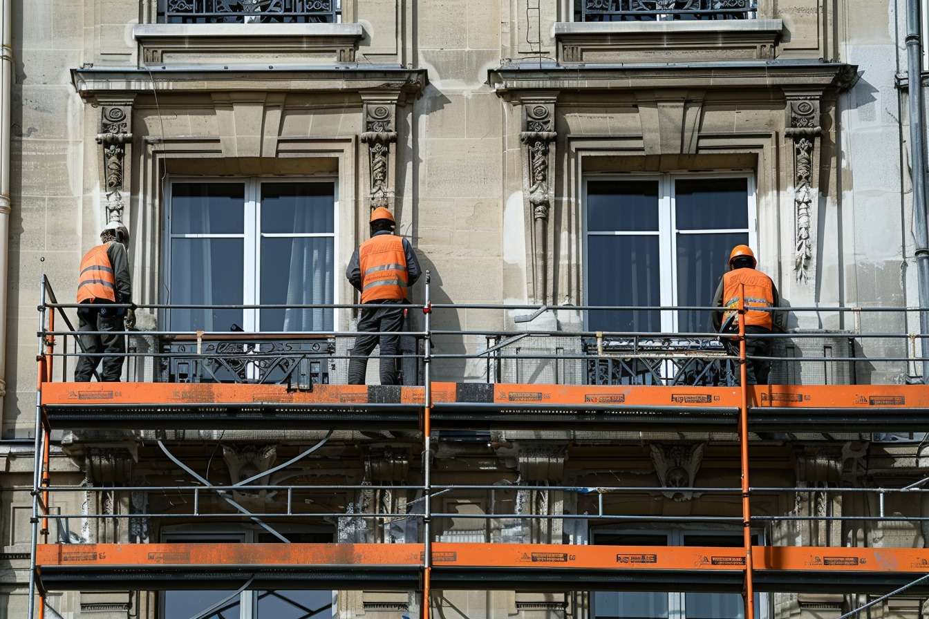 Image d'illustration. Des ouvriers entrain d'effectuer des travaux sur un bâtiment ancien en ville