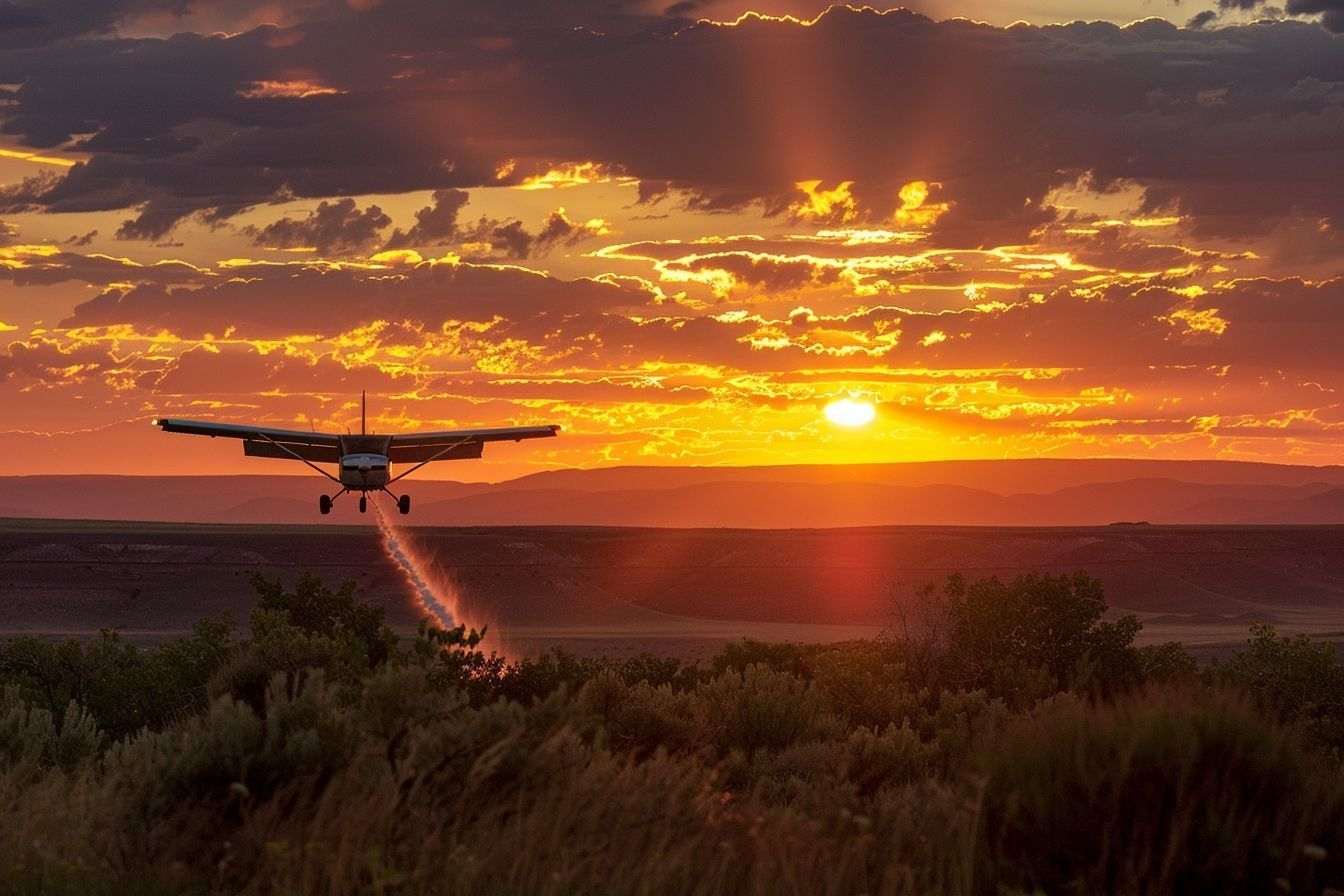 Image d'illustration. Avion larguant du phos-chek au crépuscule