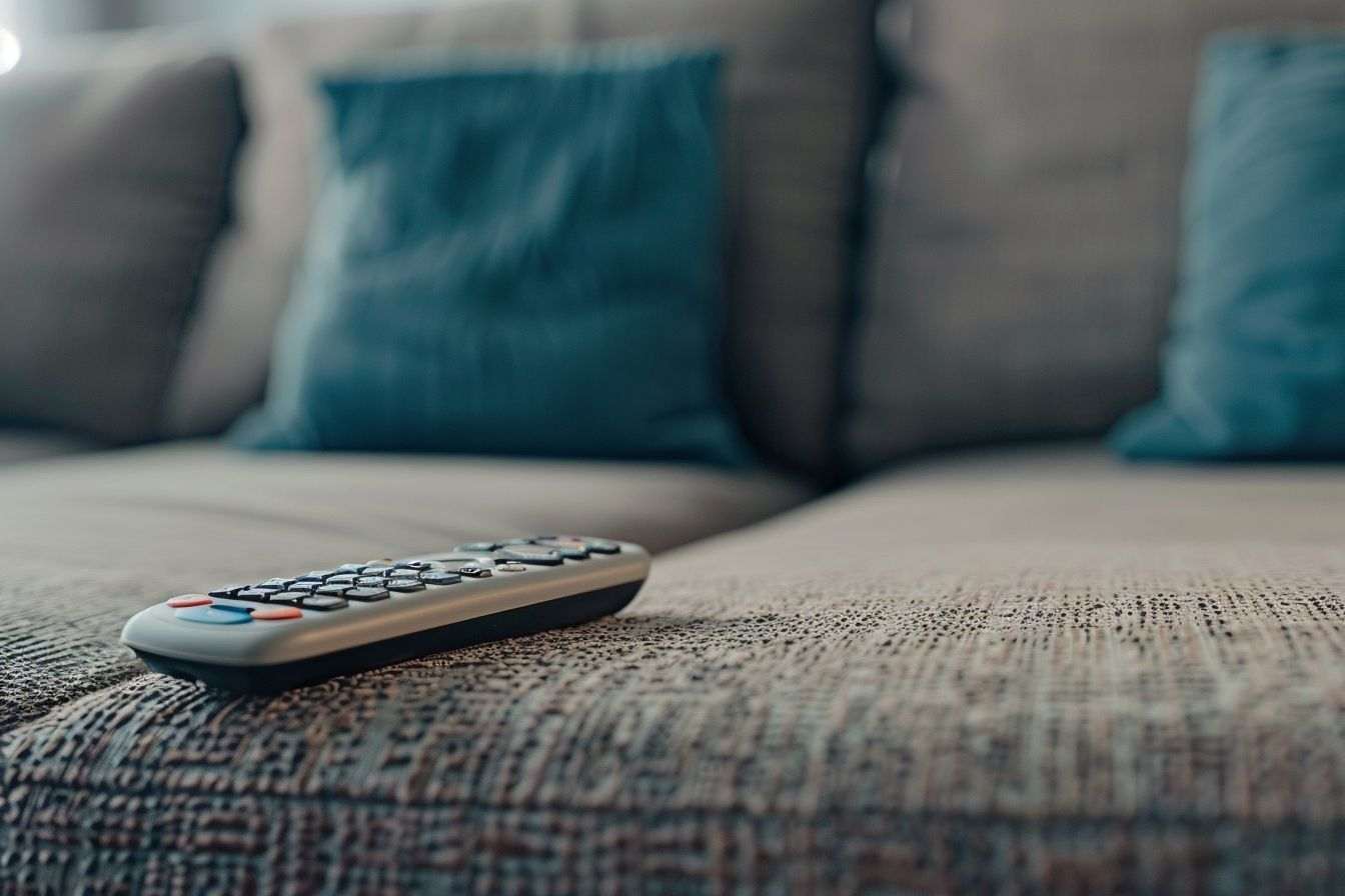 Image d'illustration. Gros plan d une télécommande sur un canapé vide