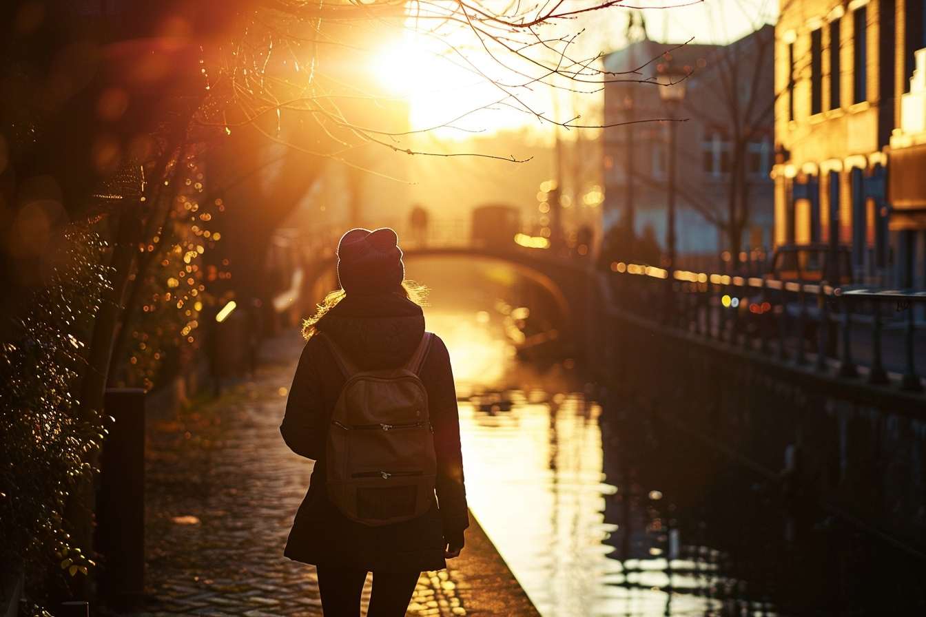 Image d'illustration. Femme marche canal ville soleil