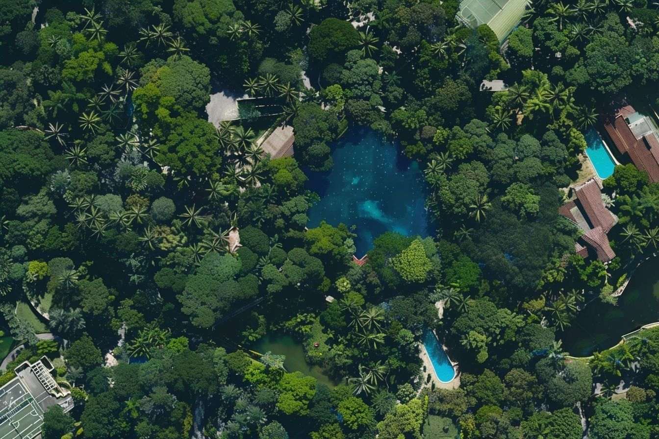Image d'illustration. Image satellite d'un quartier résidentiel avec piscines.