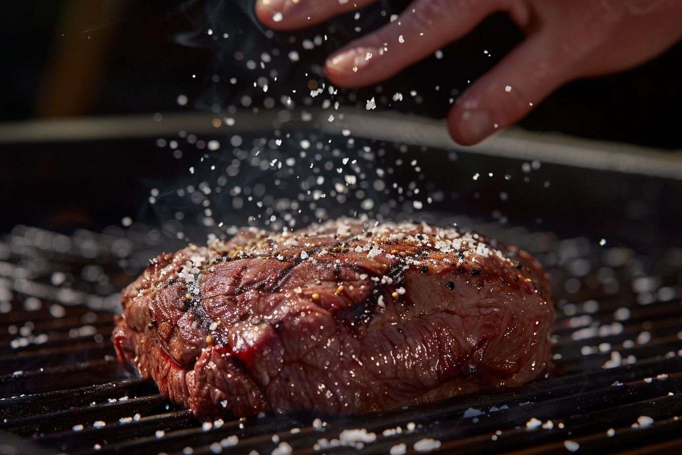 Image d'illustration. Viande juteuse sur le grill avec sel